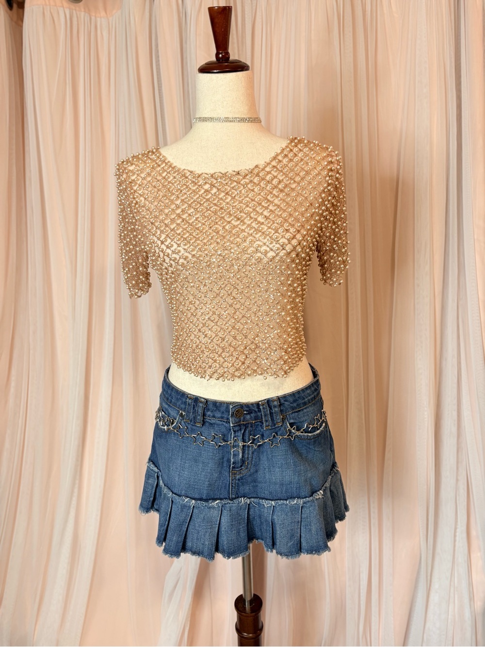 Windsor Pearl Mesh Crop Top Nude Pink Sheer Beaded Y2K Party Festival Coquette